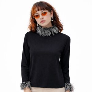 Vintage Black Turtleneck Fringe Top Women’s One Size 90s Artsy Long Sleeve